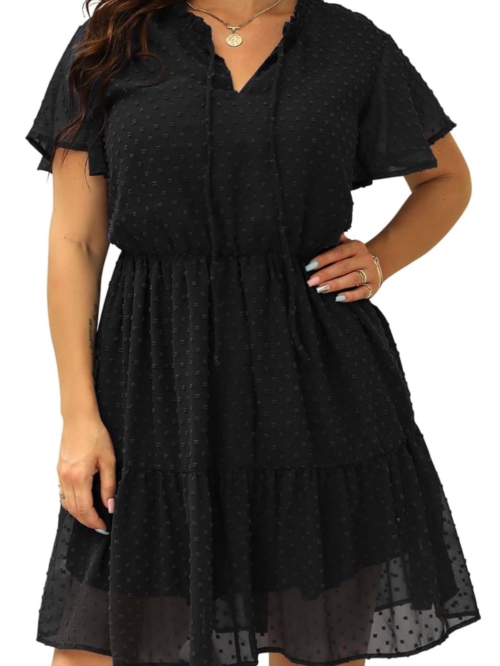 Black Swiss Dot Ruffle-Tier Mini Dress
